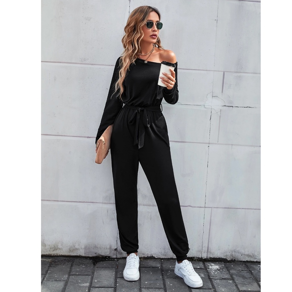 Asymmetrical Boat Neck Long Sleeve Tie Belt Waist Long Black Jumpsuit - Picture 5 of 8